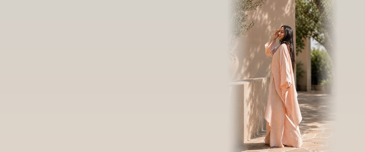 Model in the Luna draped linen set, SS 26 campaign