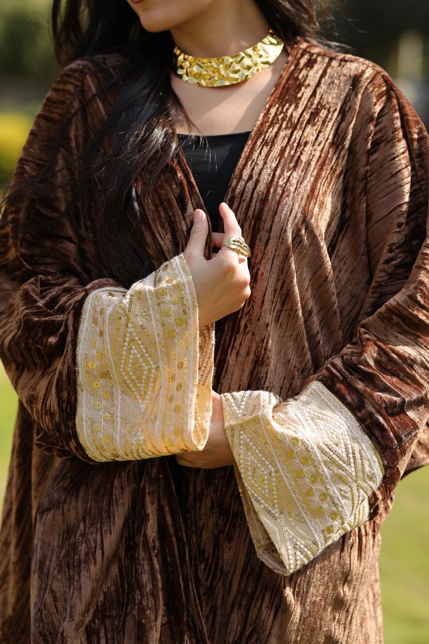Bronze Velvet Qoftan with Gold Embroidered Cuffs