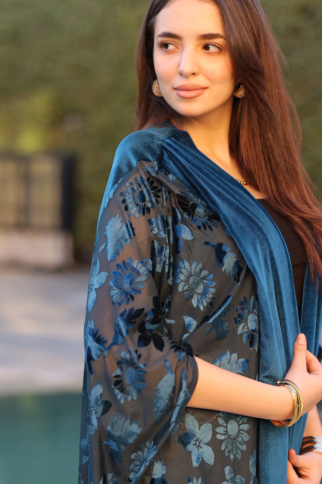 Teal Floral Velvet Qoftan