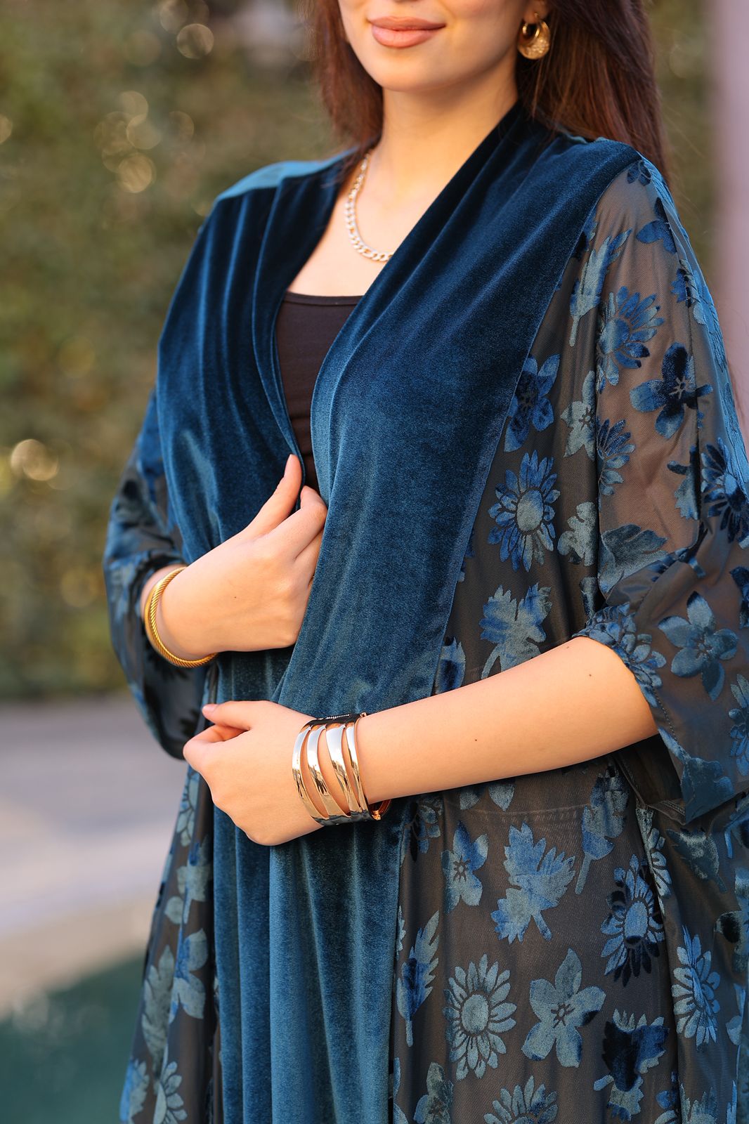 Teal Floral Velvet Qoftan