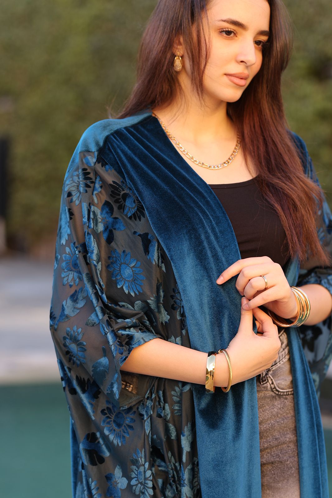 Teal Floral Velvet Qoftan