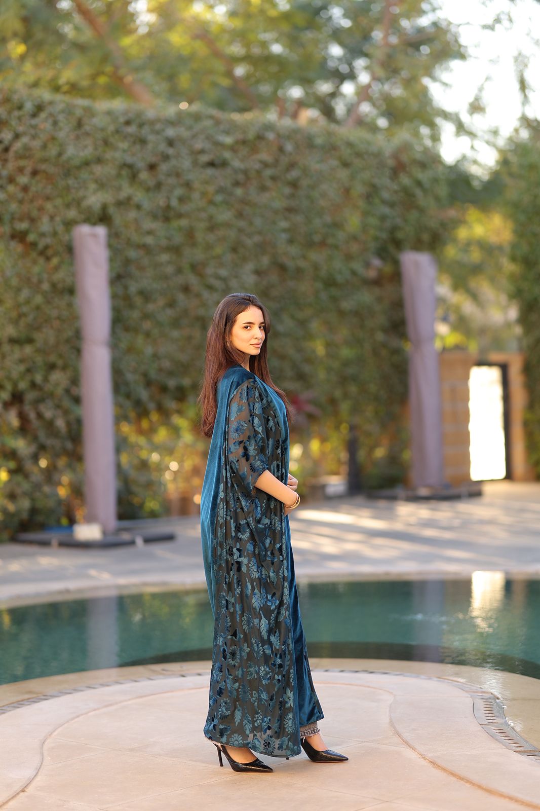 Teal Floral Velvet Qoftan