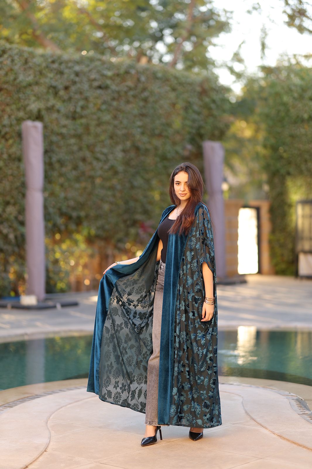 Teal Floral Velvet Qoftan