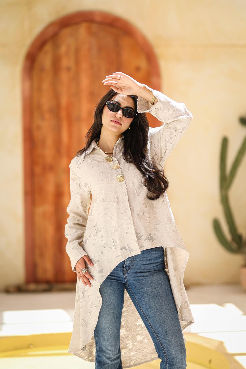 Textured Asymmetric Long Shirt – Sand Beige