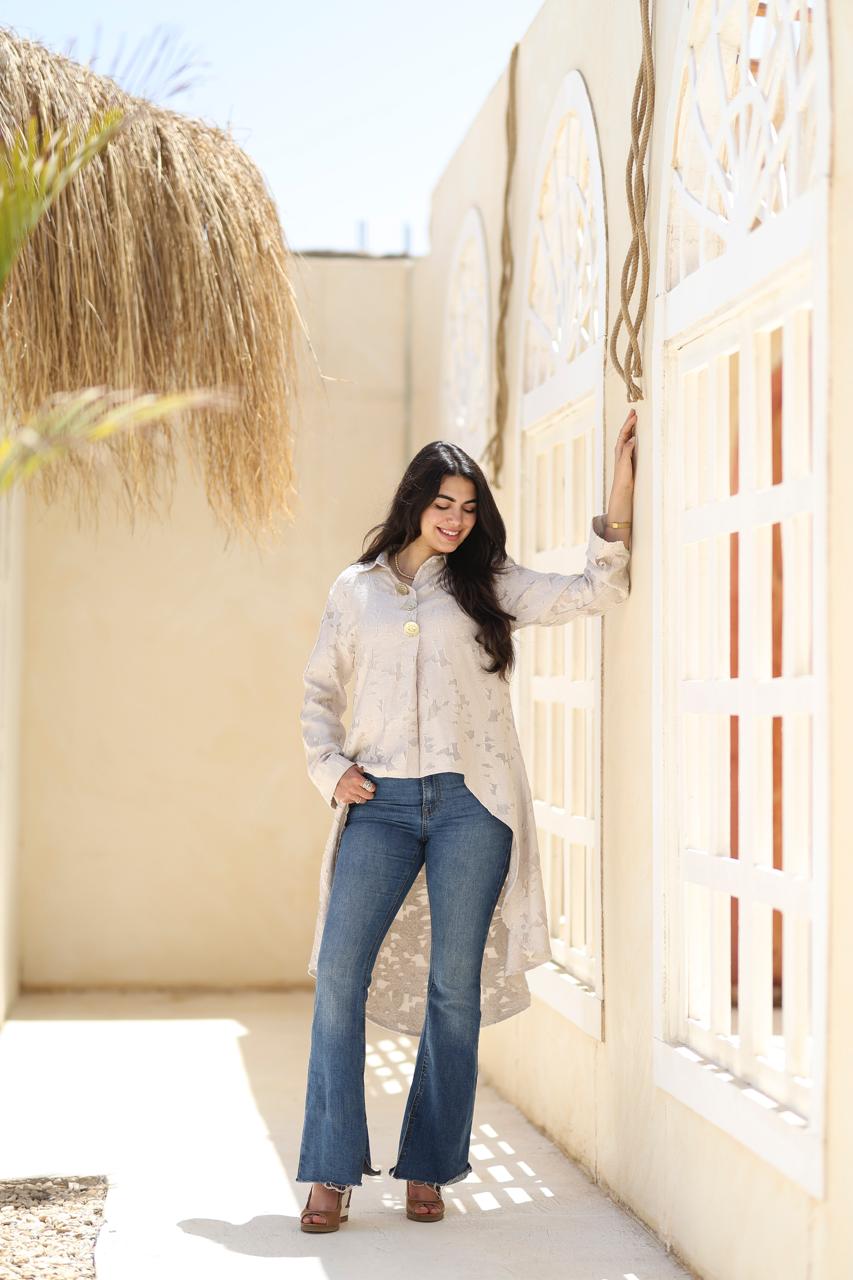 Textured Asymmetric Long Shirt – Sand Beige