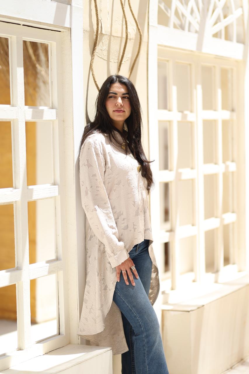 Textured Asymmetric Long Shirt – Sand Beige