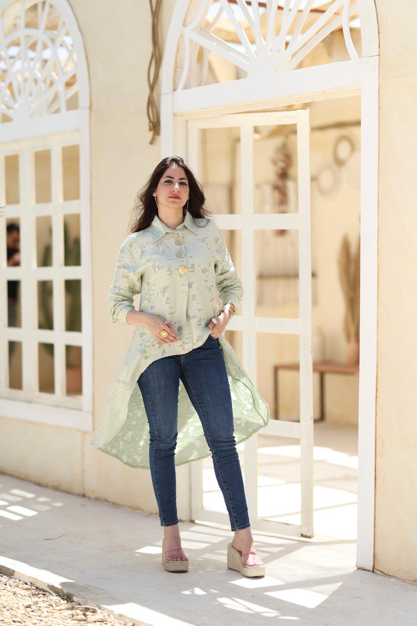 Textured Asymmetric Long Shirt – Sage Green