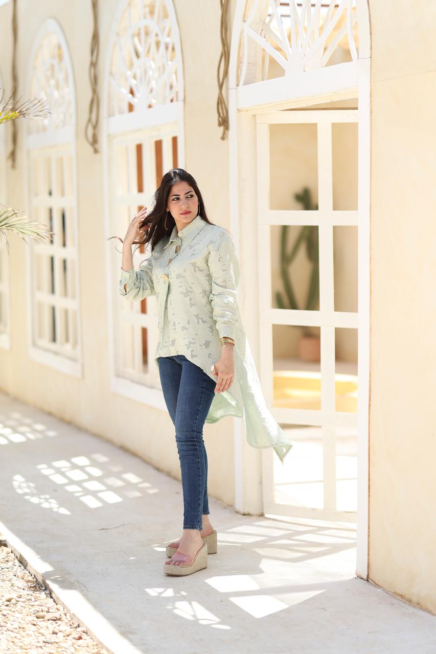 Textured Asymmetric Long Shirt – Sage Green