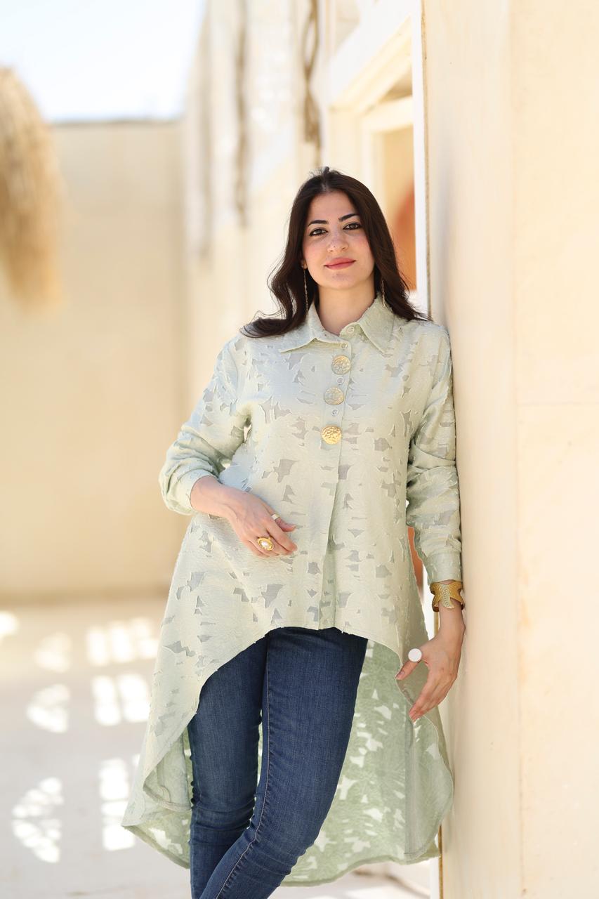Textured Asymmetric Long Shirt – Sage Green