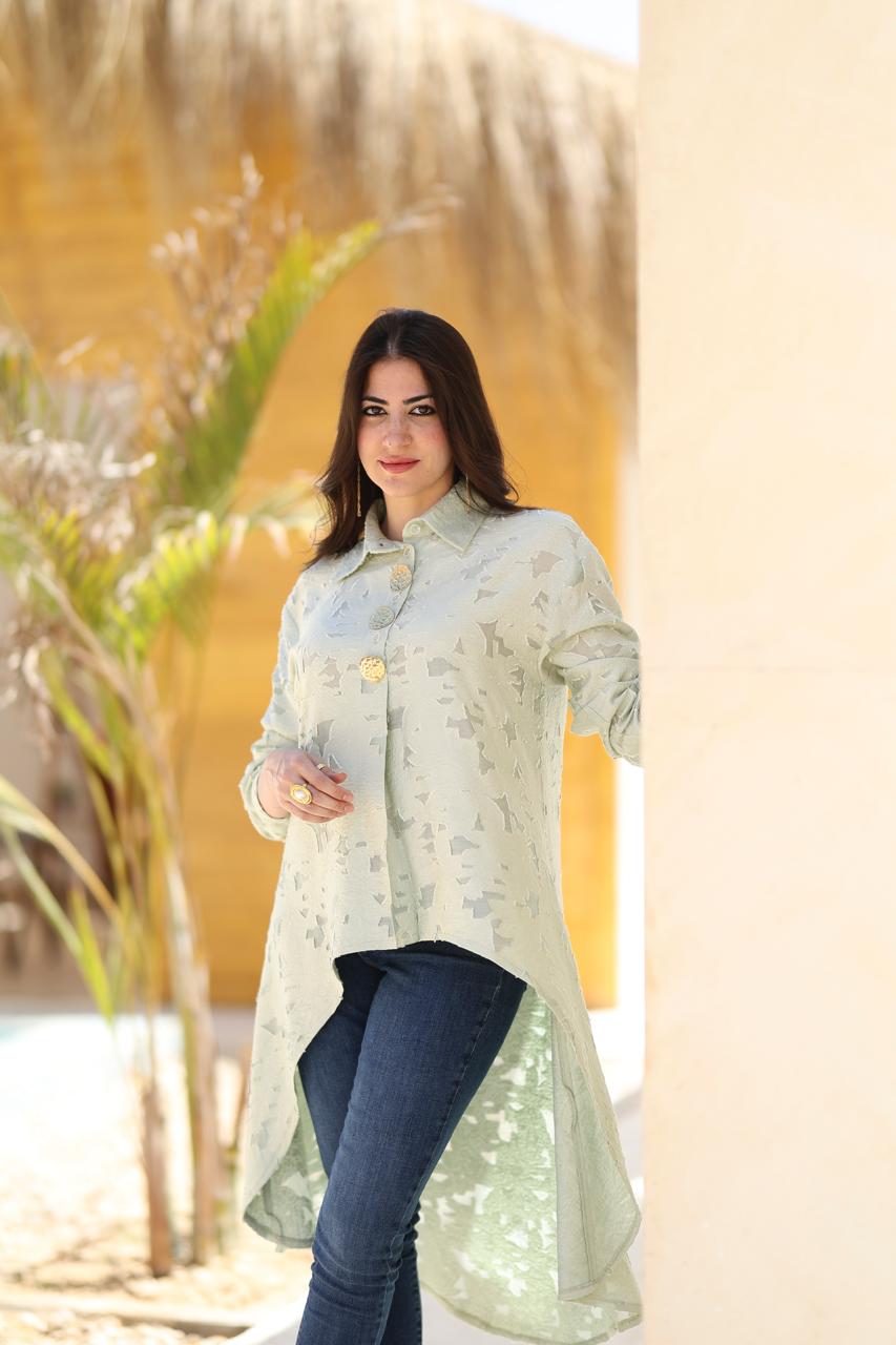 Textured Asymmetric Long Shirt – Sage Green