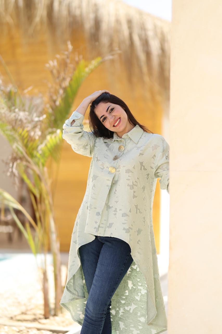 Textured Asymmetric Long Shirt – Sage Green