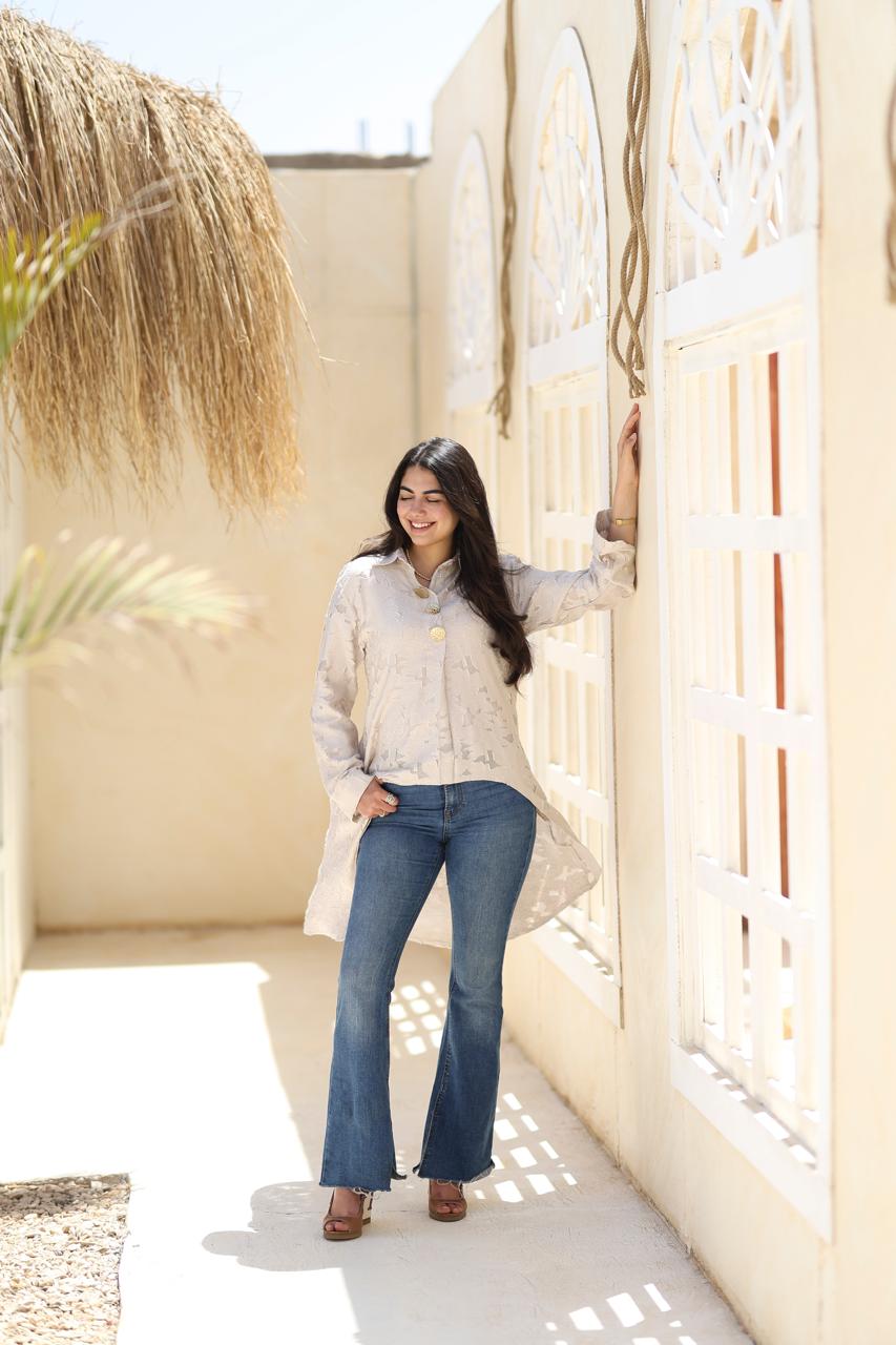 Textured Asymmetric Long Shirt – Sand Beige