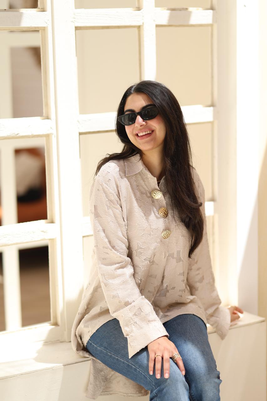 Textured Asymmetric Long Shirt – Sand Beige