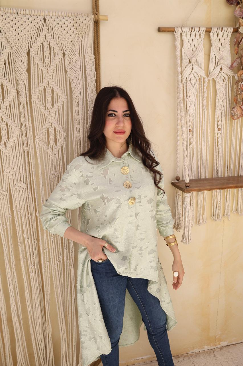 Textured Asymmetric Long Shirt – Sage Green