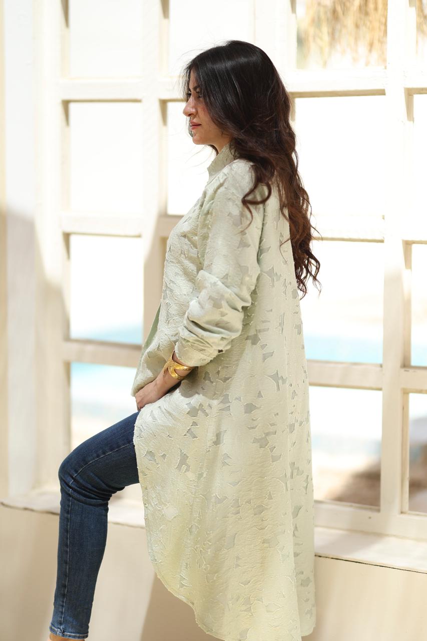 Textured Asymmetric Long Shirt – Sage Green