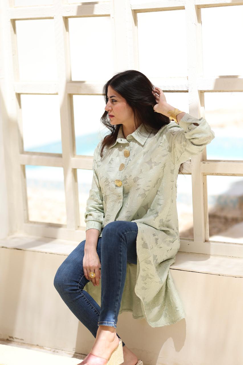 Textured Asymmetric Long Shirt – Sage Green