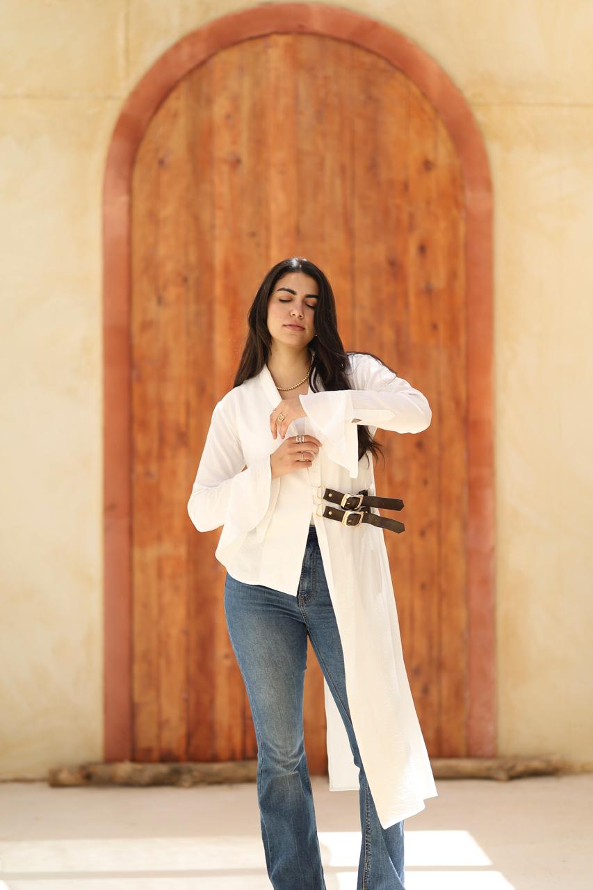 Asymmetric Belted Long Shirt – Ivory White