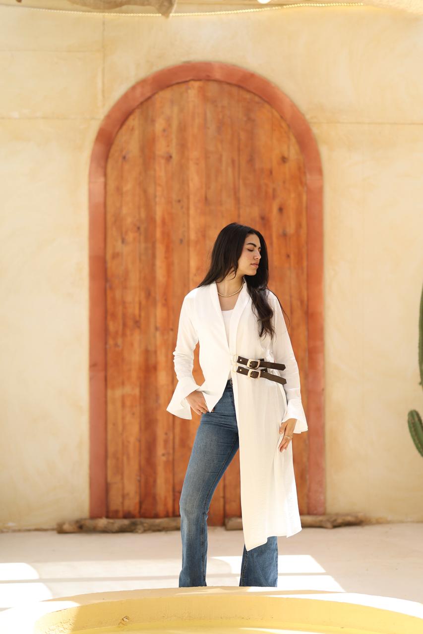 Asymmetric Belted Long Shirt – Ivory White