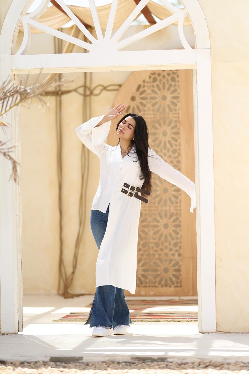 Asymmetric Belted Long Shirt – Ivory White