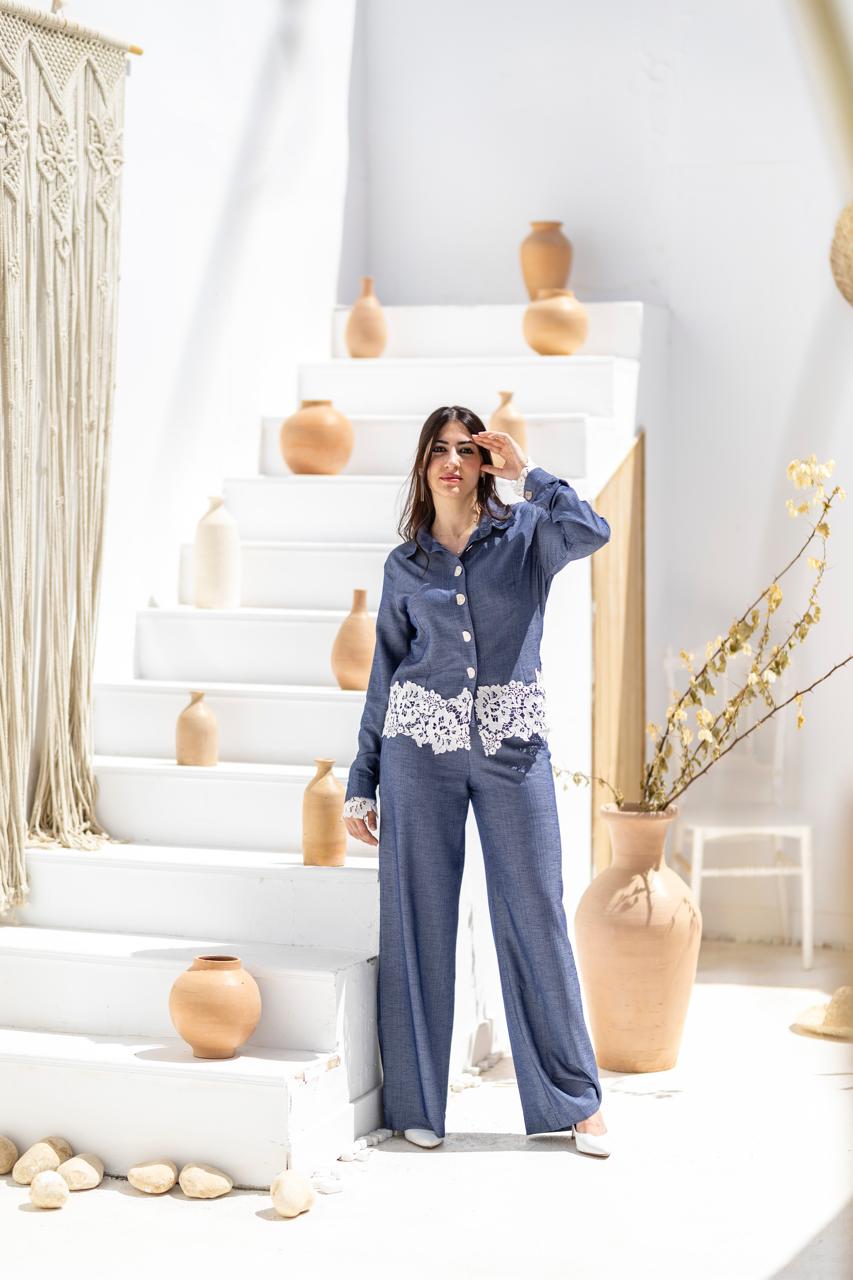 Lace Detail Two-Piece Set – Denim Blue