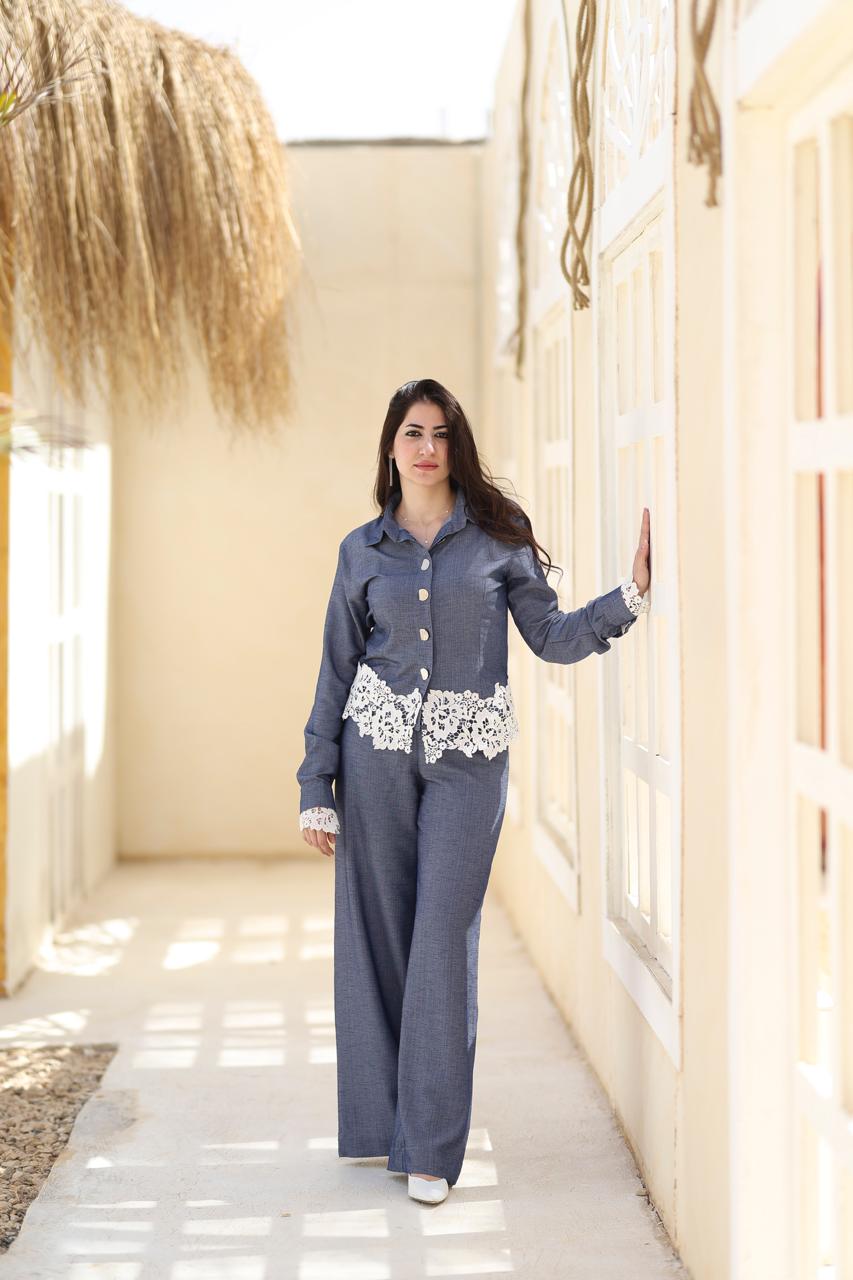 Lace Detail Two-Piece Set – Denim Blue
