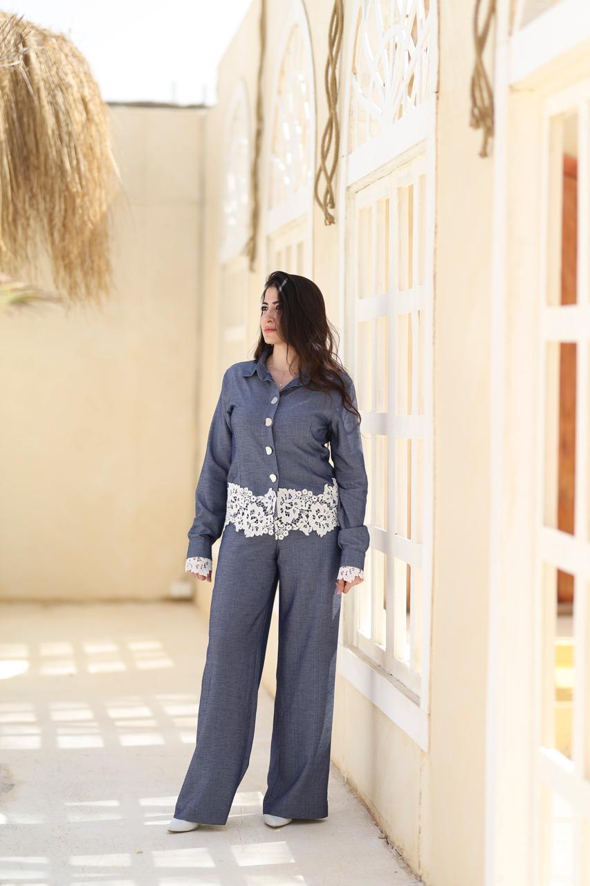 Lace Detail Two-Piece Set – Denim Blue