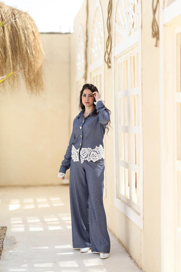 Lace Detail Two-Piece Set – Denim Blue