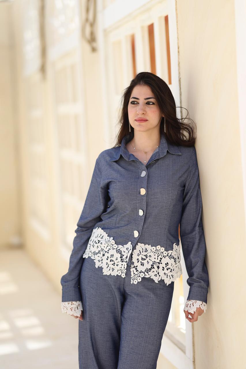 Lace Detail Two-Piece Set – Denim Blue