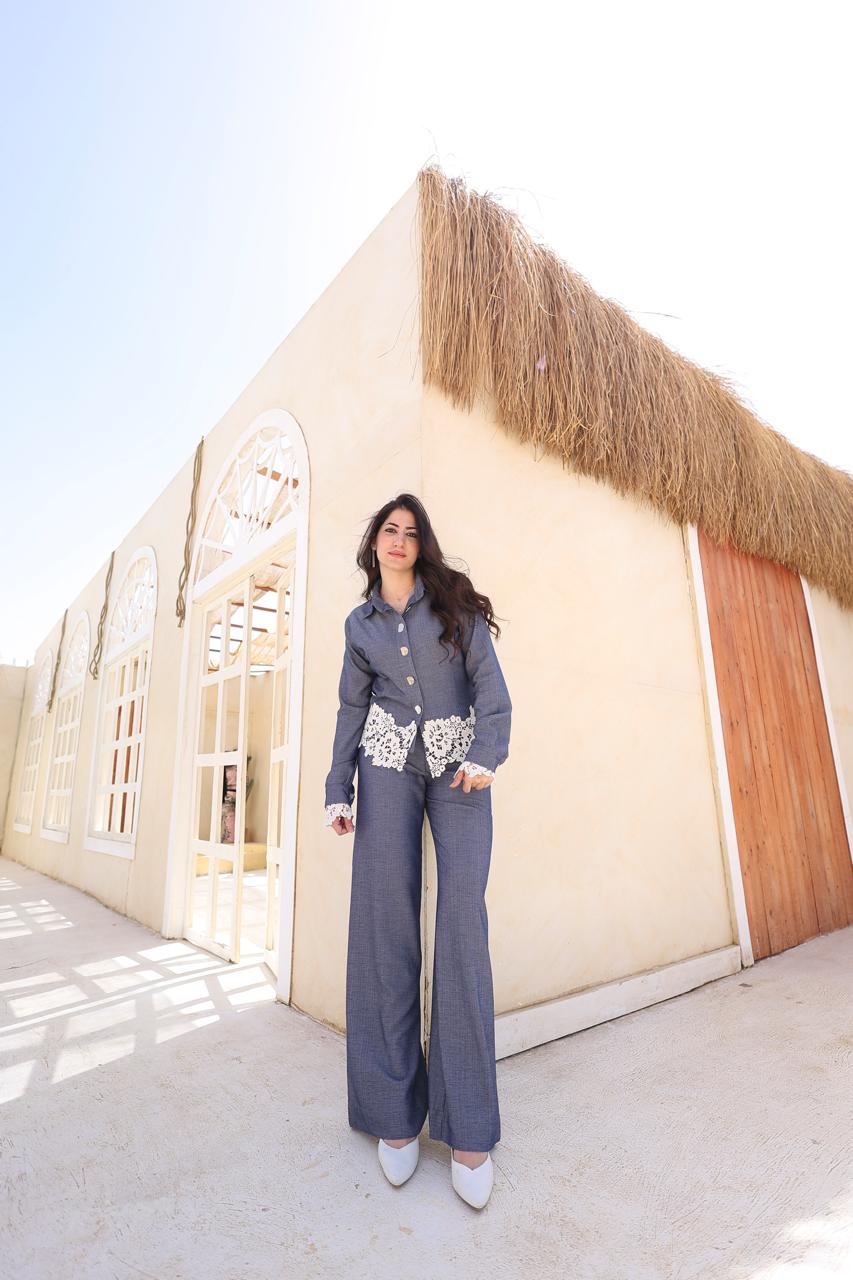 Lace Detail Two-Piece Set – Denim Blue