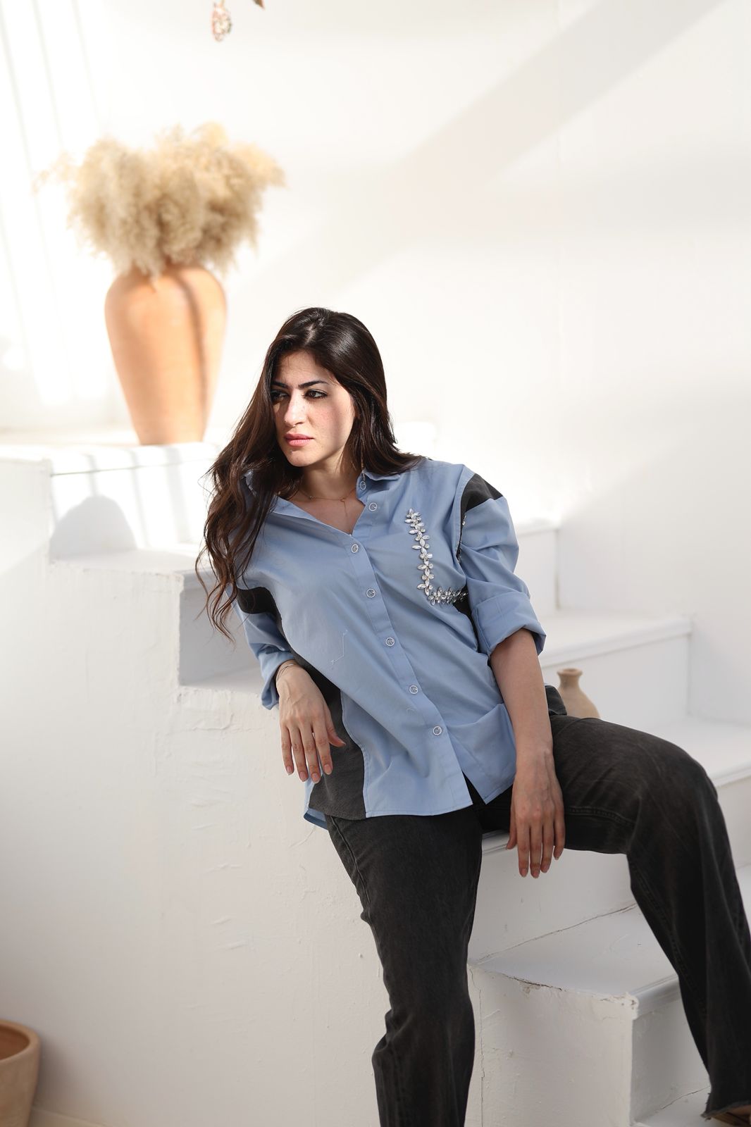 Dual Contrast Embellished Shirt – Sky Blue