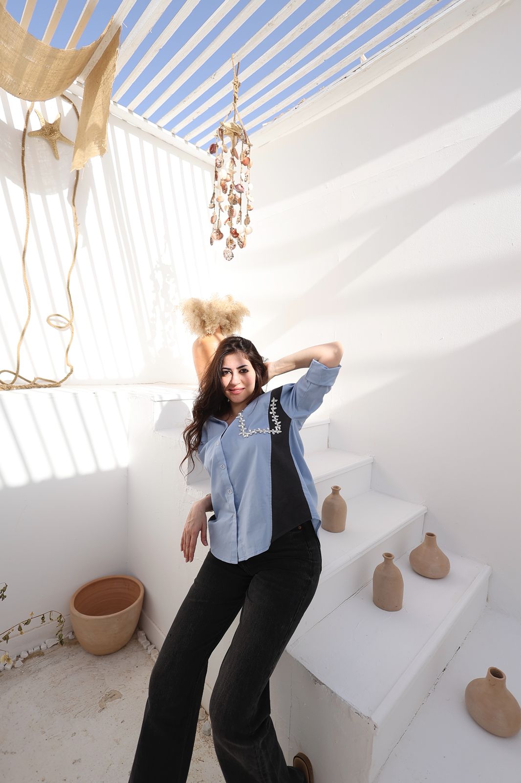 Dual Contrast Embellished Shirt – Sky Blue