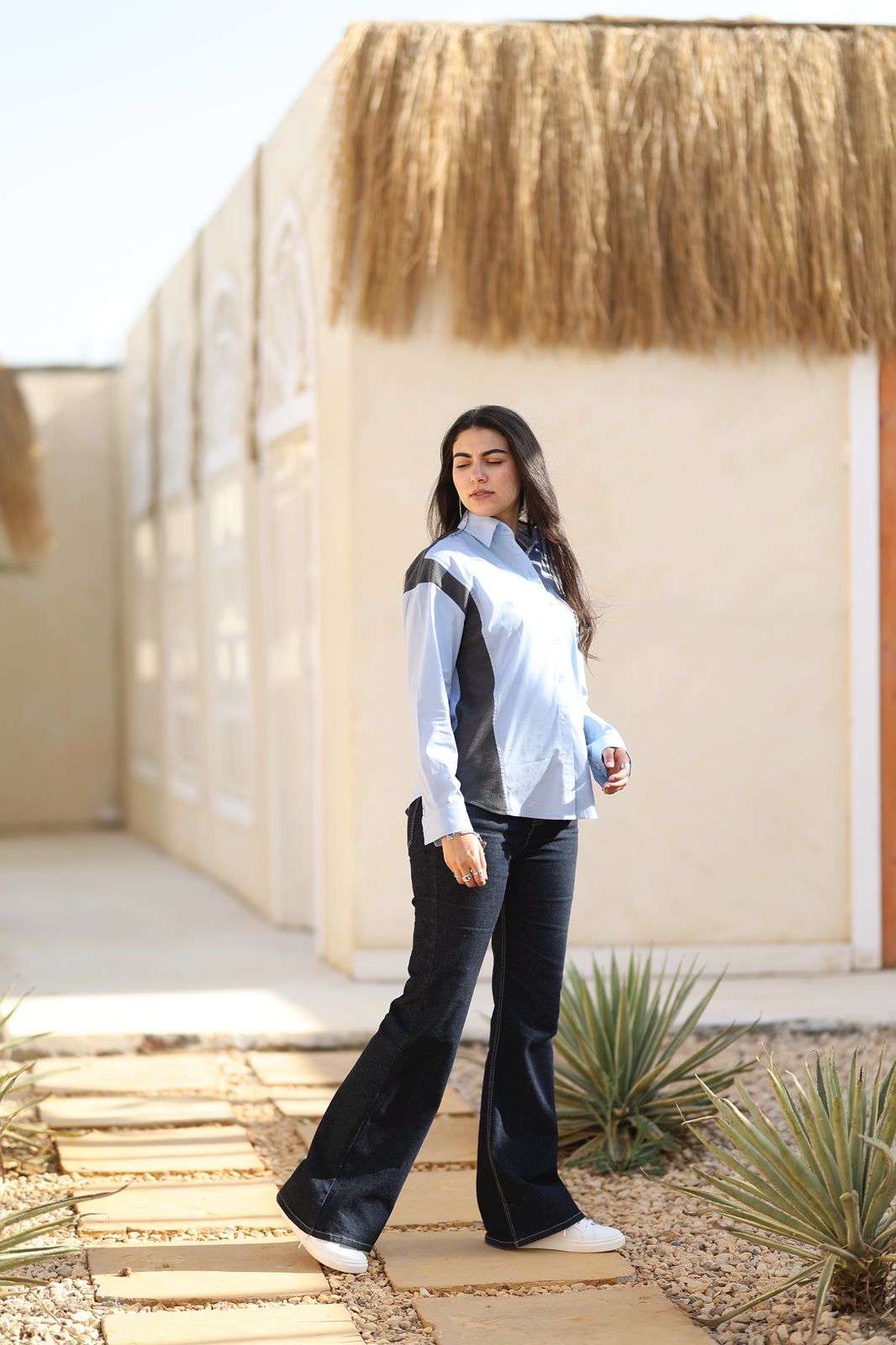 Dual Contrast Embellished Shirt – Sky Blue