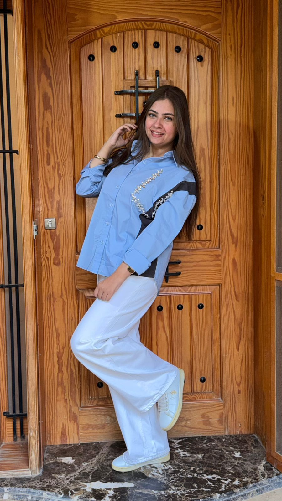 Dual Contrast Embellished Shirt – Sky Blue