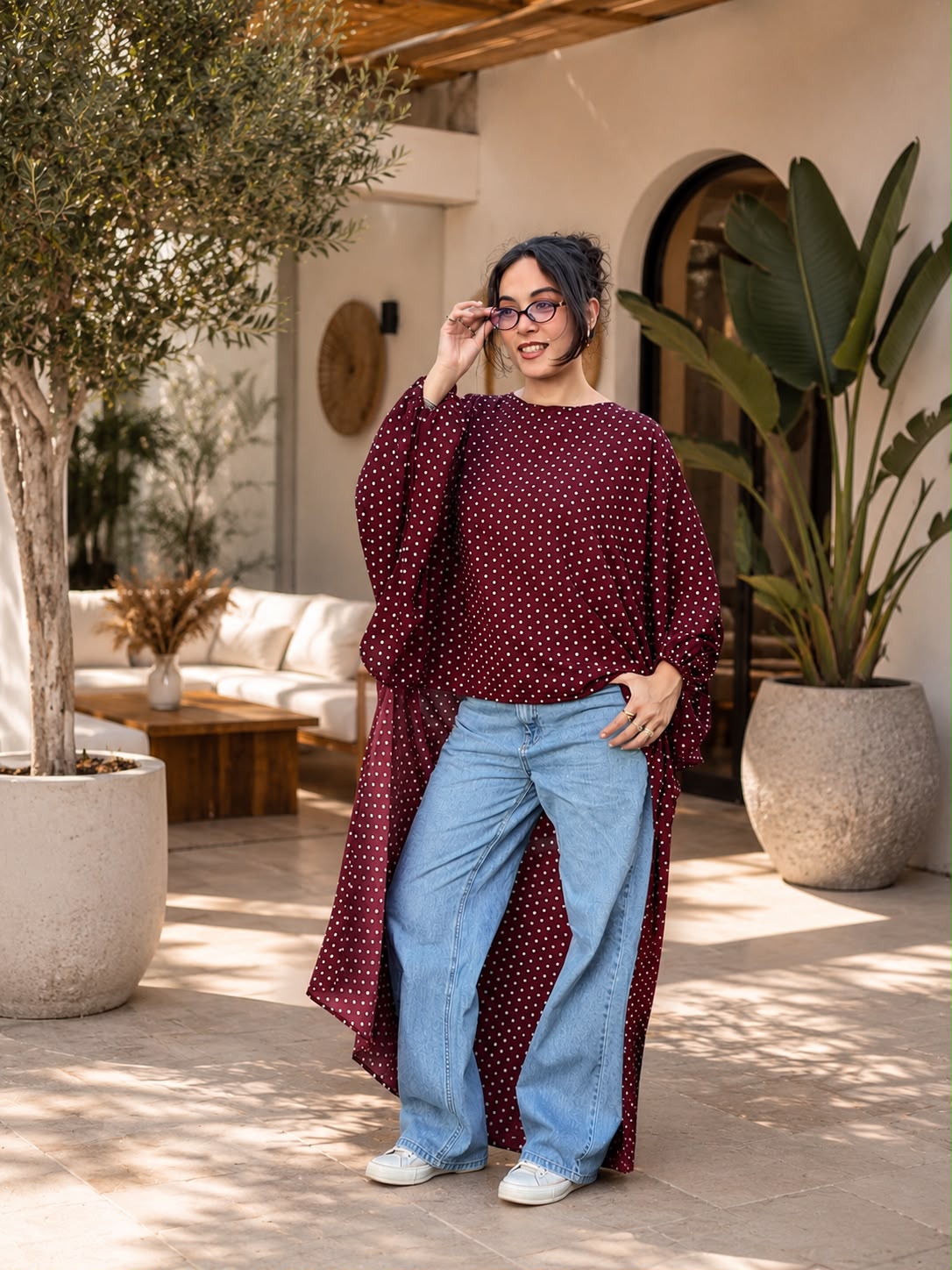Burgundy Polka Cascade Tunic