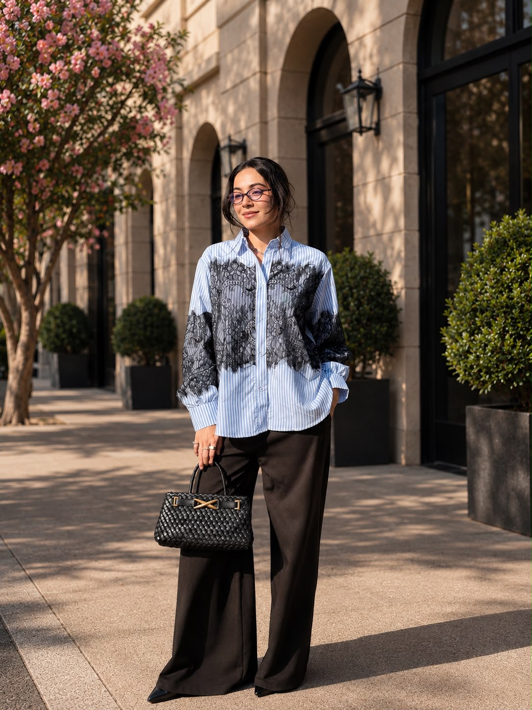 Blue Stripe Lace Statement Shirt