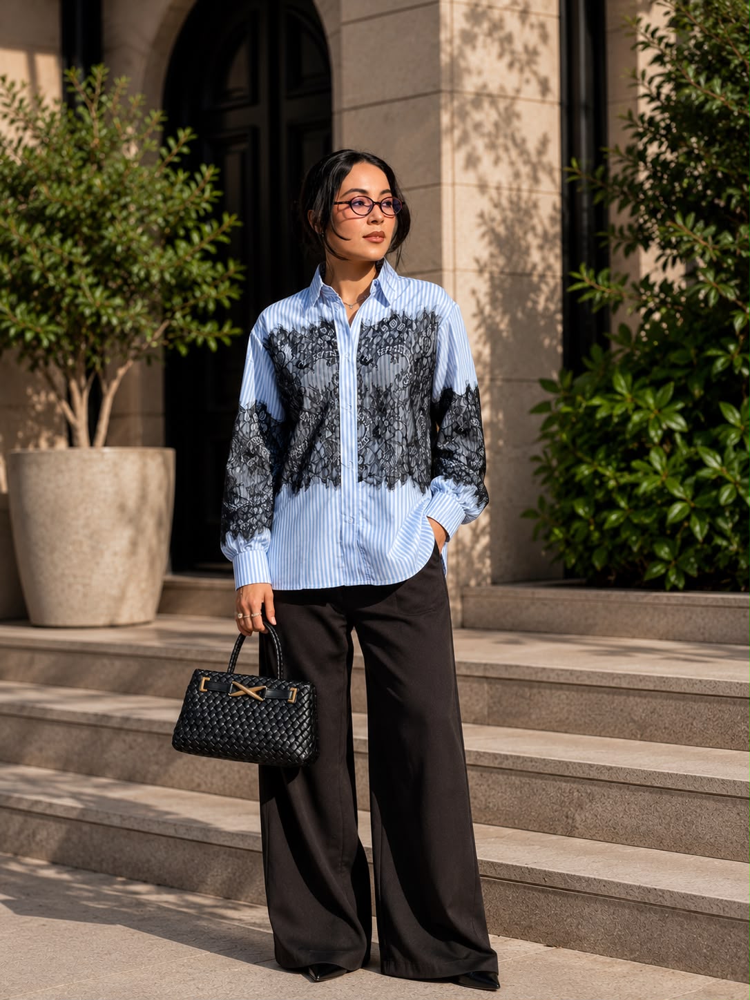 Blue Stripe Lace Statement Shirt
