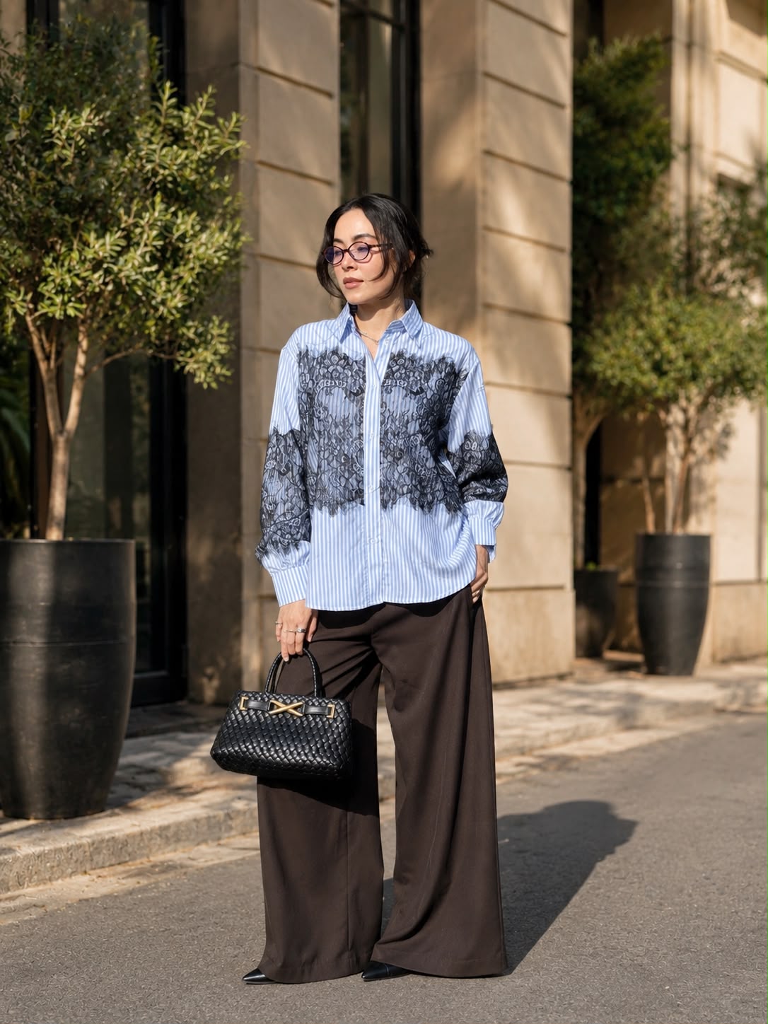 Blue Stripe Lace Statement Shirt