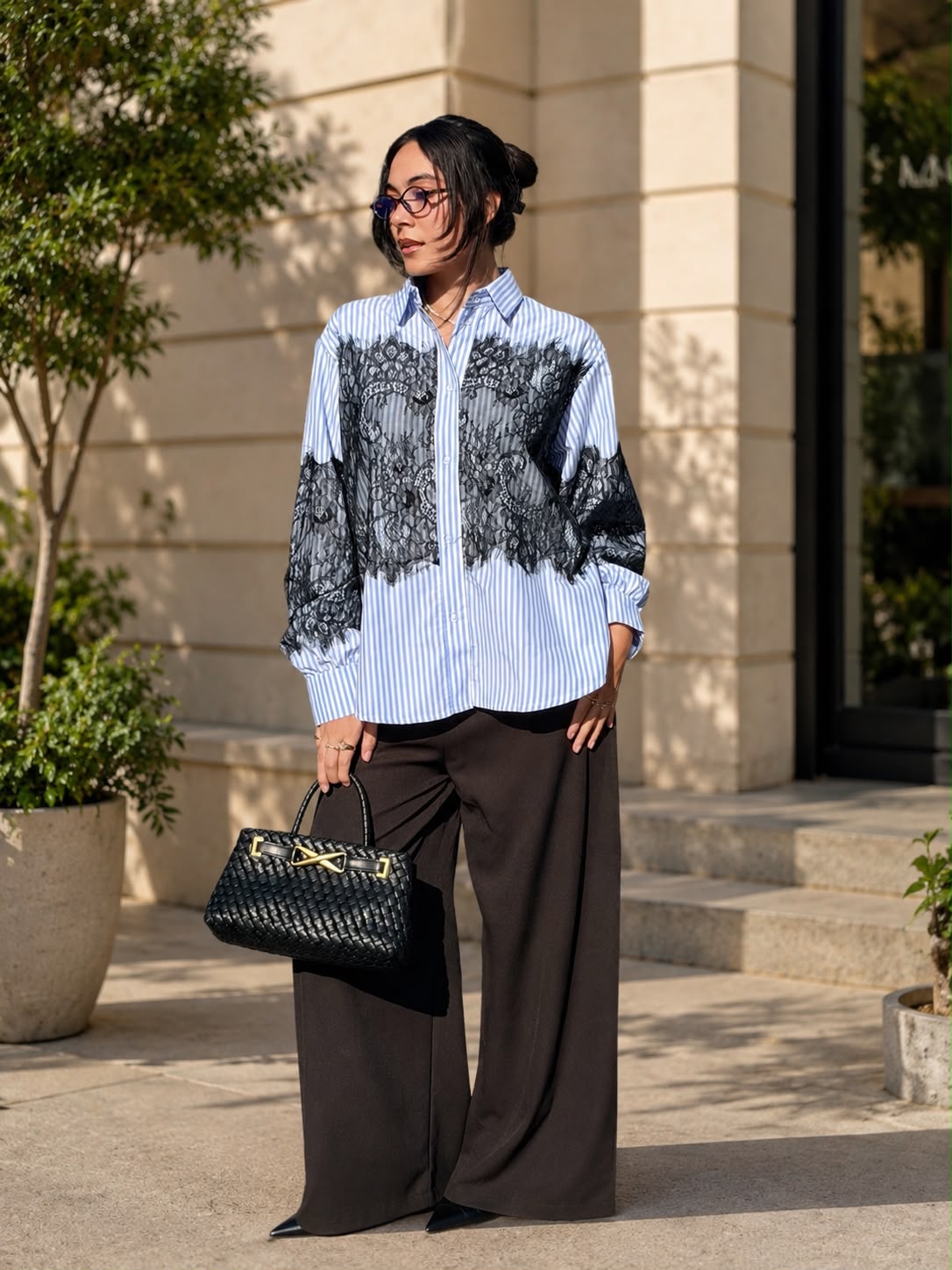 Blue Stripe Lace Statement Shirt