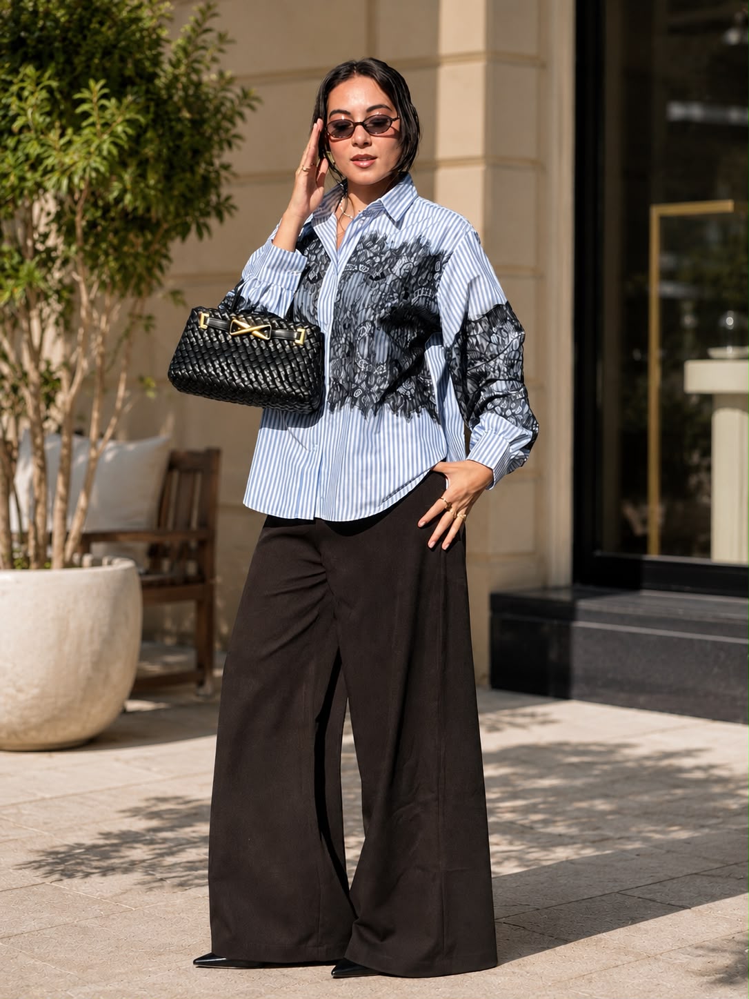 Blue Stripe Lace Statement Shirt